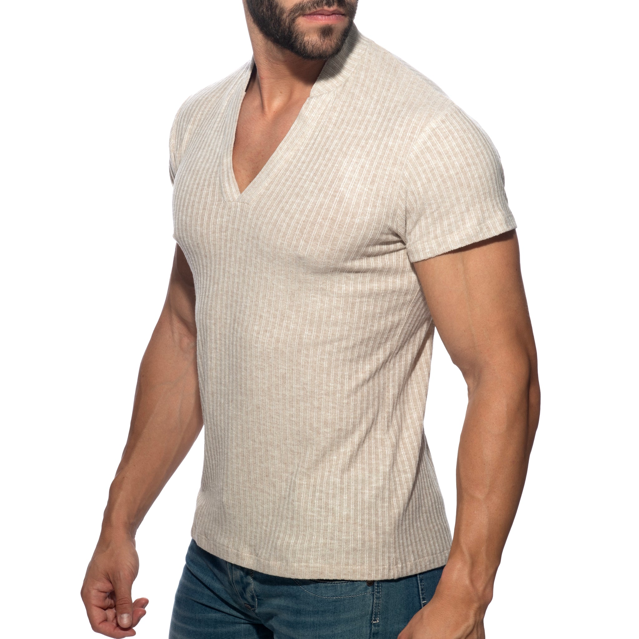 Addicted Jeans Rib Knit Polo Shirt Beige AD1472