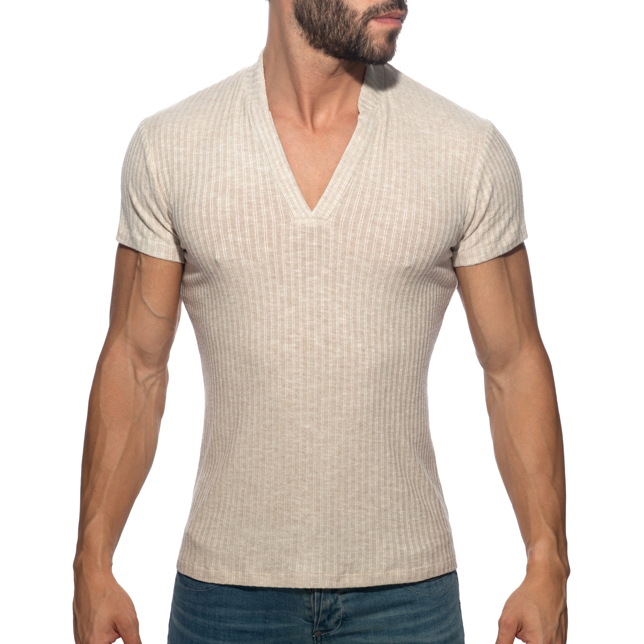 Addicted Jeans Rib Knit Polo Shirt Beige AD1472