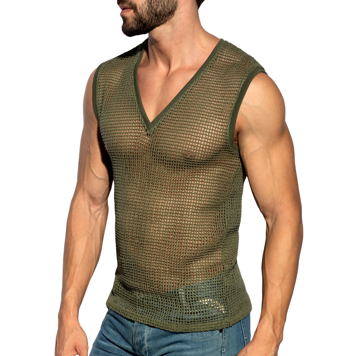 ES Collection Open-Grid V-Neck Sleeveless Top Khaki TS380