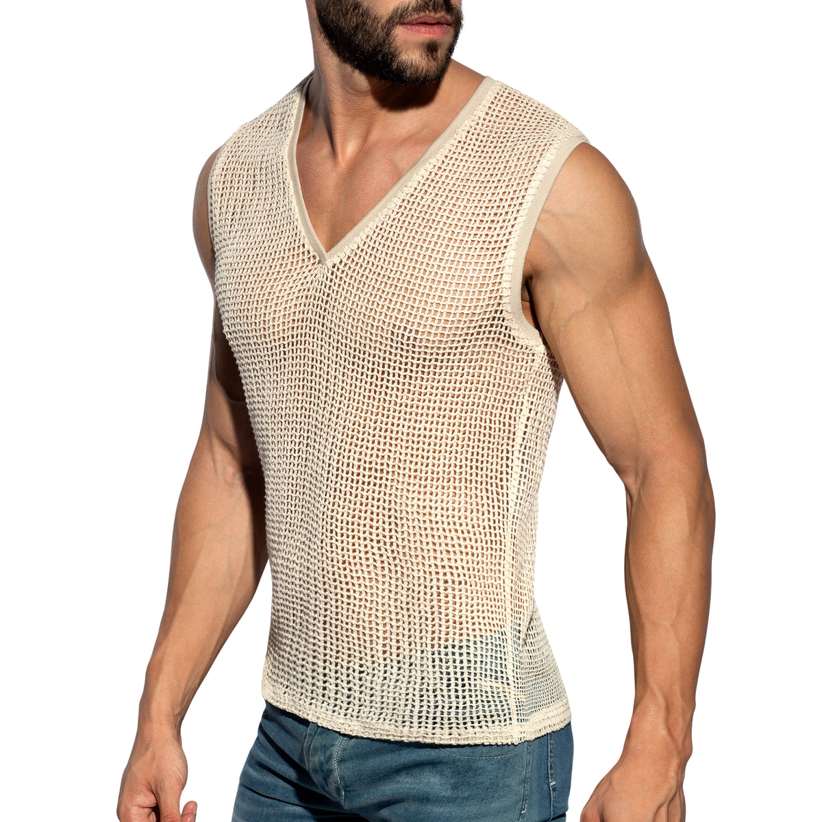 ES Collection Open-Grid V-Neck Sleeveless Top Ivory TS380